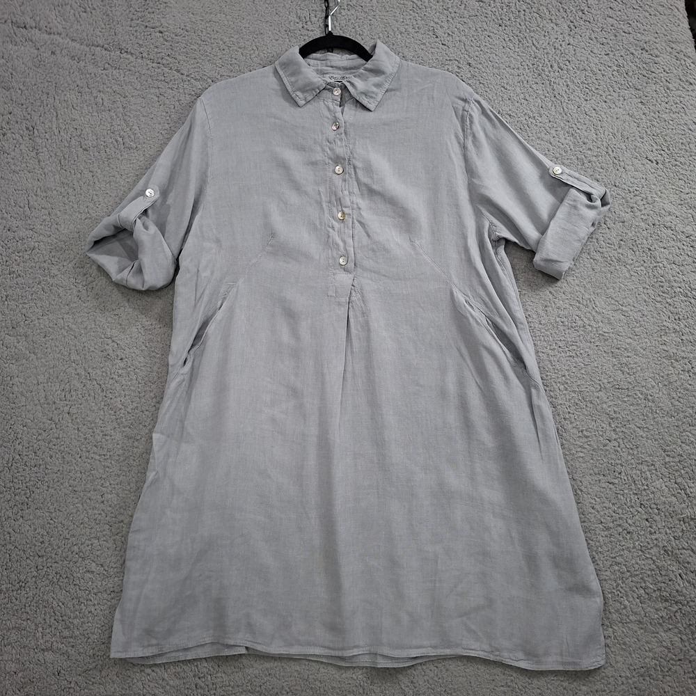 Elena Baldi 100% Linen Shirt Dress Large Olive Italy Coastal Lagenlook Tunic